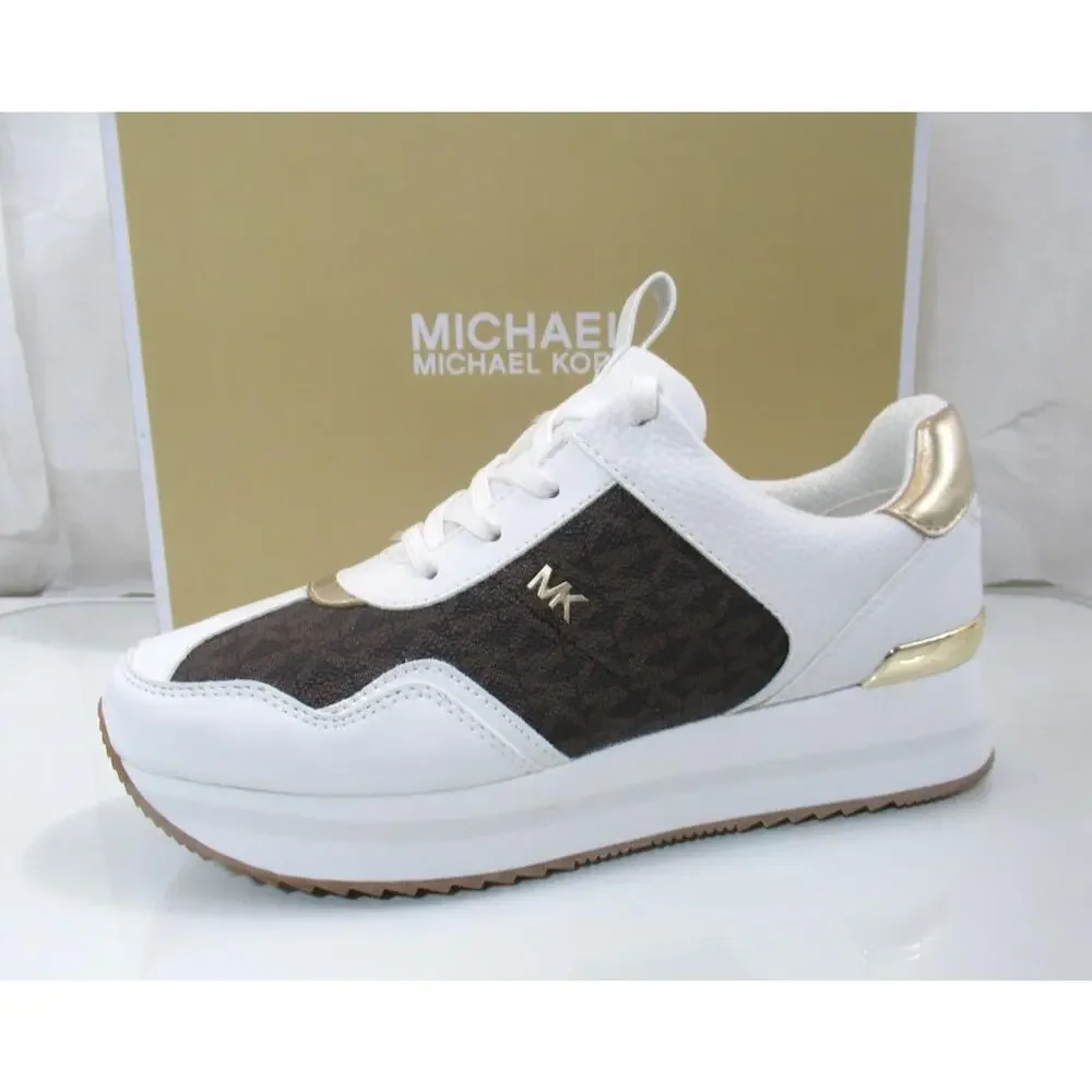 Michael Kors Raina Trainer Lace Up Sneakers MK Signature Brown White Size 7.5